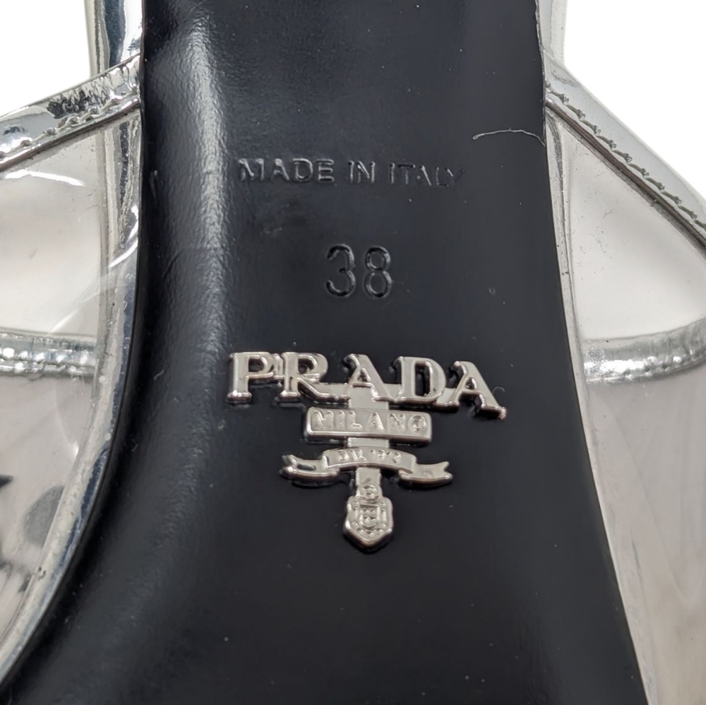 Prada PVC Pointed Plexiglass Metallic Triangle Logo Clear Sandal Mule Slides 38 - Picture 9 of 12